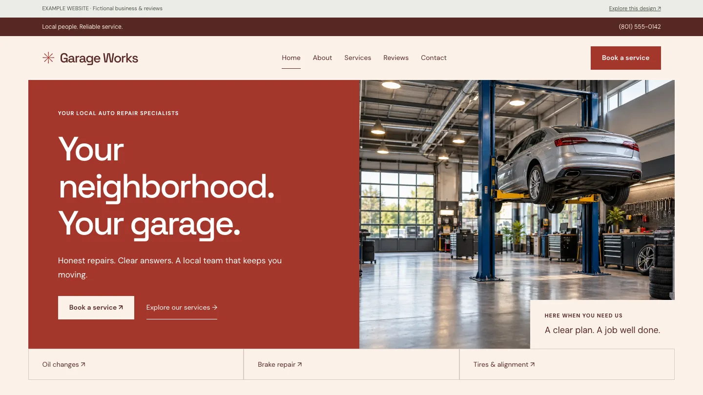 Garage Works desktop website preview